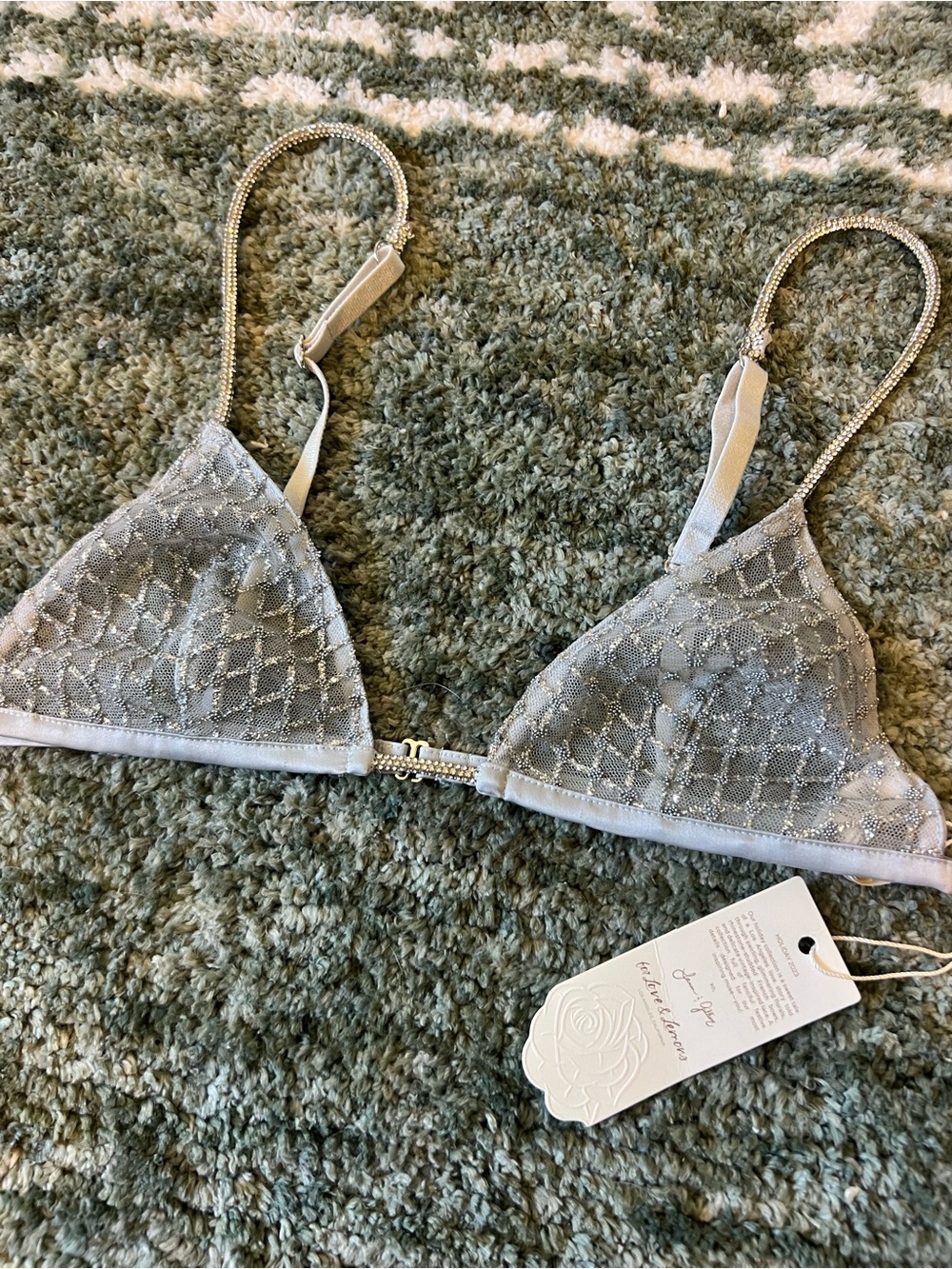For Love & Lemons Silver Sheer Rhinestone Triangle Bralette Size XS NWT